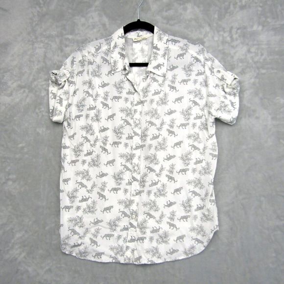 Jane And Delancey Top Large Cheetah Black White Button Shirt Soft Short Sleeve - Picture 1 of 10